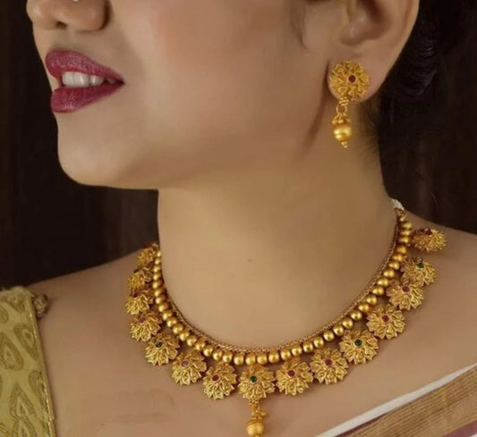 Floral Gold Plated South Indian Bollywood Look Golden Jewellery Set For Women & Girls