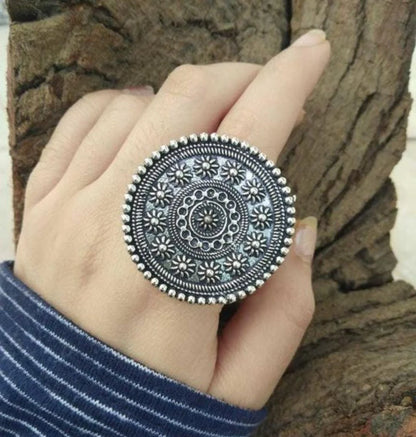 Antique Indian Floral Style Adjustable SIlver Plated Oxidized Rings For Women & Girls