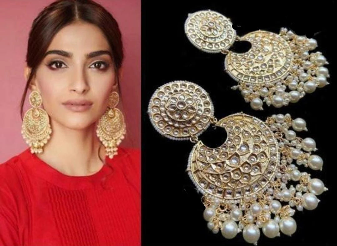 Bollywood Celebrity Sonam Kapoor Inspired Rajwadi Kundan Gold Plated Earrings