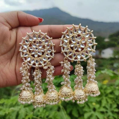 Layered Long Latkan Kundan Indian Gorgeous Golden Chandbaliya Jhumka Earrings For Women & Girls