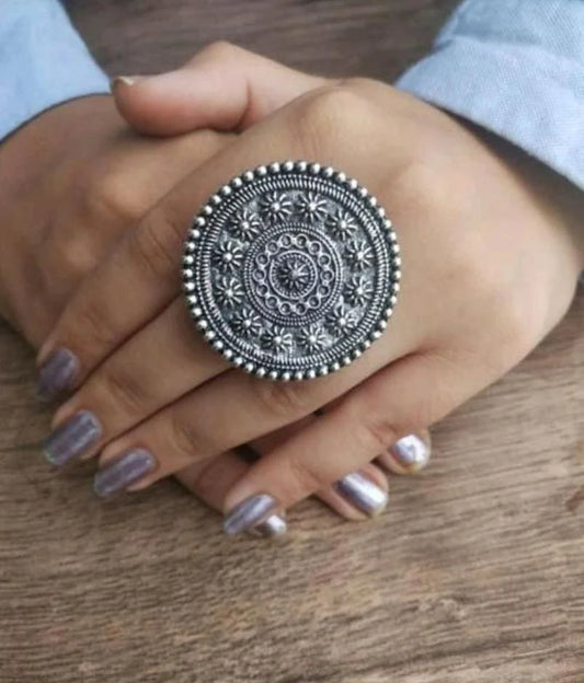 Antique Indian Floral Style Adjustable SIlver Plated Oxidized Rings For Women & Girls