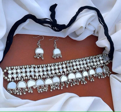 Bollywood Look Mirror Oxidised Silver Tone Chokar Necklace Set With Earrings