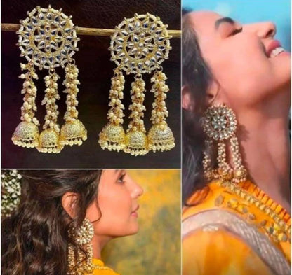 Layered Long Latkan Kundan Indian Gorgeous Golden Chandbaliya Jhumka Earrings For Women & Girls