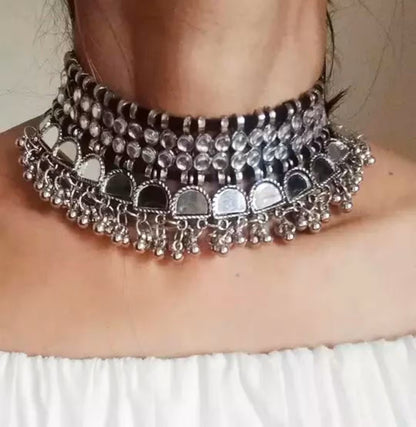 Bollywood Look Mirror Oxidised Silver Tone Chokar Necklace Set With Earrings