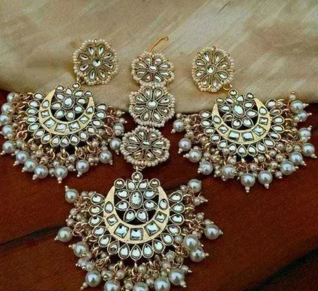 Ethnic Classy Look Golden Touch Bridal Pearls Beaded Jhumka Earrings With Mangtika For Women & Girls