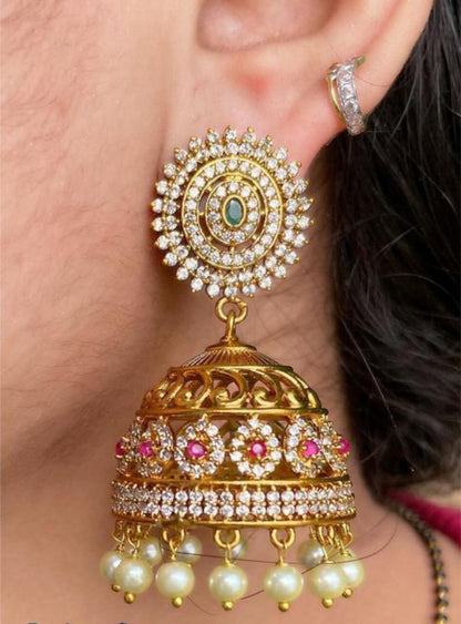 Gorgeous Golden Cubic Zirconia AD Stone Indian Long Chandbali Jhumka Earrings For Women & Girls