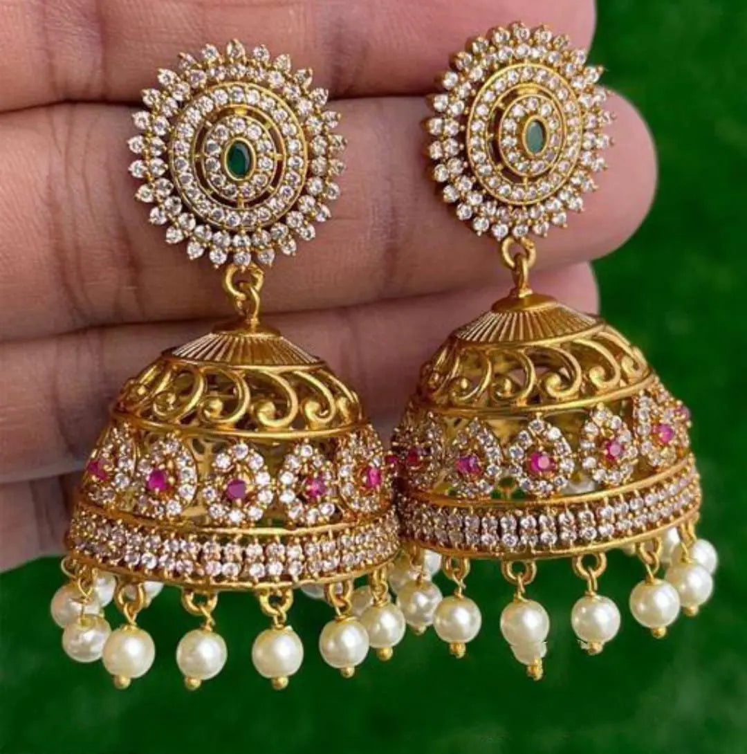 Gorgeous Golden Cubic Zirconia AD Stone Indian Long Chandbali Jhumka Earrings For Women & Girls