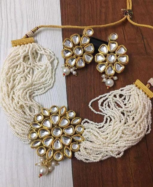 White Pearls Kundan Studded Gold Plated Choker Set With Earrings