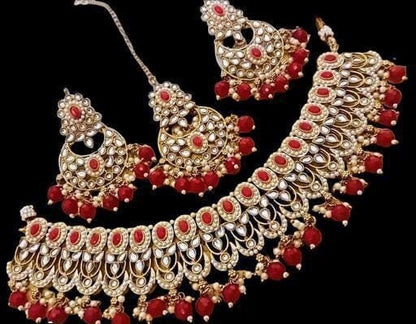 Designer bollywood Gold Plated White Traditional jewelry set, Set With Choker Earrings maang tikka, Kundan Necklace Set, Earrings, Jhumka