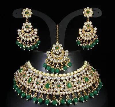 Indian Bollywood Kundan Green Bridal Ethnic Gold Plated Dulhan Traditional jewelry set, Necklace Set With Choker Earrings maang tikka Set,