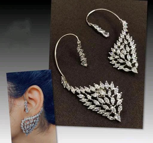 AD Stone Non-piercing Silver Polish Ear-cuffs Indian Earrings For Womem & Girls