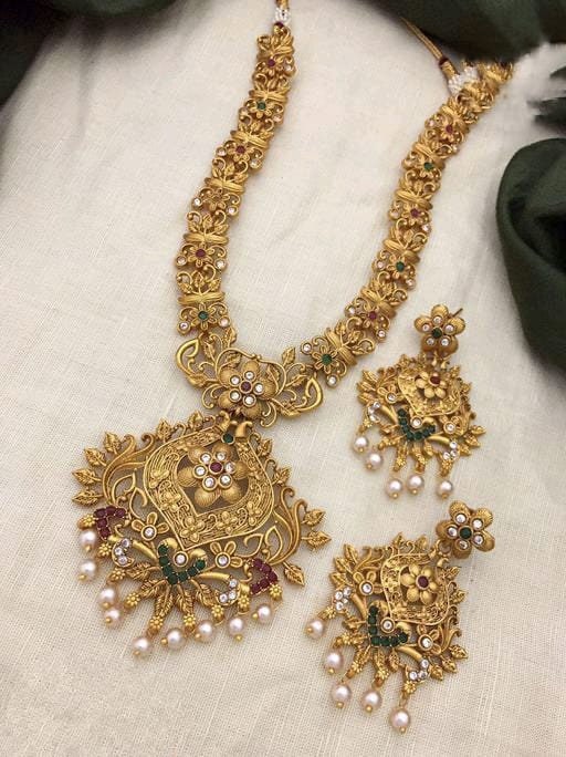 South Indian Gold Platted Matte Finish Laxmi Full Bridal Jewellery Set With Earrings, Long Designer Gold Plated Necklace Set, Indian Jewelry