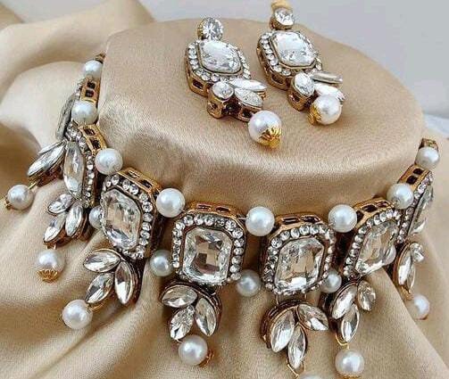 Designer bollywood Gold Plated White Traditional jewelry set, Pakistani White Kundan Pearls Jewelry Set, Ethnic Statement Necklace Set, Gift