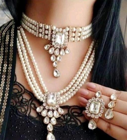 Designer bollywood Gold Plated White Traditional jewelry set, Pakistani Ethnic Kundan Long Polki Stone Necklace Set, Combo Necklace Sets