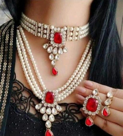 Designer bollywood Gold Plated White Traditional jewelry set, Pakistani Ethnic Kundan Long Polki Stone Necklace Set, Combo Necklace Sets