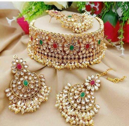 Indian Kundan & Pearls Necklace Set, Ethnic Traditional Indian Bridal Bajra Necklace Set, Bridemaids Jewelry, Necklace With Earrings Tikka