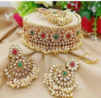 Indian Kundan & Pearls Necklace Set, Ethnic Traditional Indian Bridal Bajra Necklace Set, Bridemaids Jewelry, Necklace With Earrings Tikka