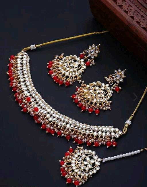 Bollywood Designer Kundan & Pearls Jewelry Set, Indian Necklace Set With Earrings Maang Tikkas, Indian Bridal Jewelry, Handmade Jewelry