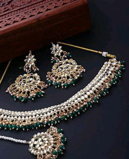 Bollywood Designer Kundan & Pearls Jewelry Set, Indian Necklace Set With Earrings Maang Tikkas, Indian Bridal Jewelry, Handmade Jewelry