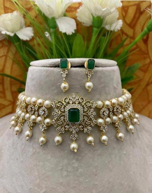 Gold Tone Emerald Green Kundan Choker, Indian Jewelry, American Diamond, CZ Jewelry, Kundan Pearl Jewelry, Indian Choker, CZ Diamond Earring