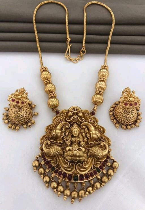 South Indian Copper And Matte Finish Antique Temple Gold Plated Long Drop Neckpiece Set, South indian Jewelry, Indian Jewelry, Handmade Item