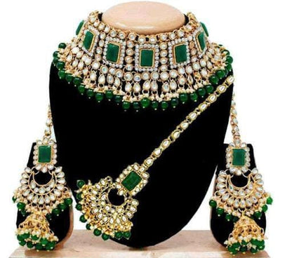 Indian Green Kundan & Pearls Jewelry Set with Earrings Maang Tikka, Indian Bridal Jewelry Set, Traditional Green Big Kundan Polki Necklace