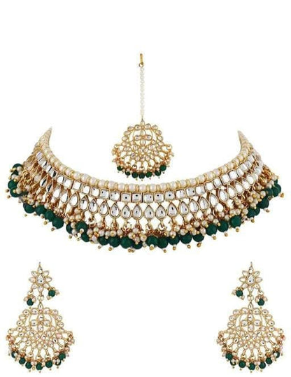 Bollywood Designer Kundan & Pearls Jewelry Set, Indian Necklace Set With Earrings Maang Tikkas, Indian Bridal Jewelry, Handmade Jewelry