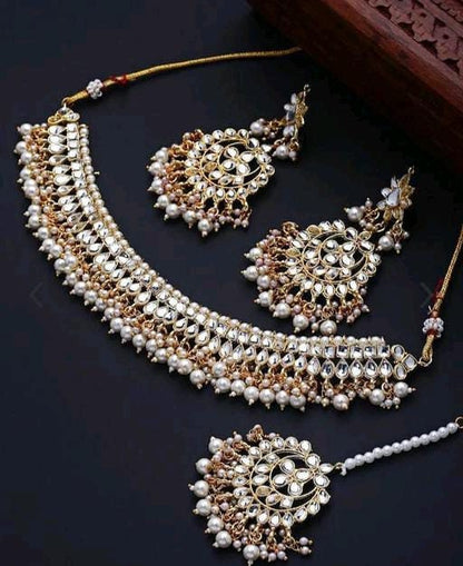 Bollywood Designer Kundan & Pearls Jewelry Set, Indian Necklace Set With Earrings Maang Tikkas, Indian Bridal Jewelry, Handmade Jewelry