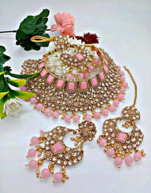 Pink Glass Kundan Ethnic Choker Set With Earrings Maang Tikka, Jaipuri Indian Choker, Big Jhumki With Choker, Elegant Trendy Necklace pearls