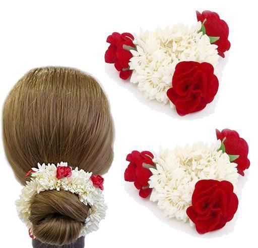 2 Pcs Artificial Mogra Rose Gajra Hair Scrunchie, Wedding Gajra Bun Holder, Gajra Hand band, Wedding Favors, Mogra Hand Hair Accessories