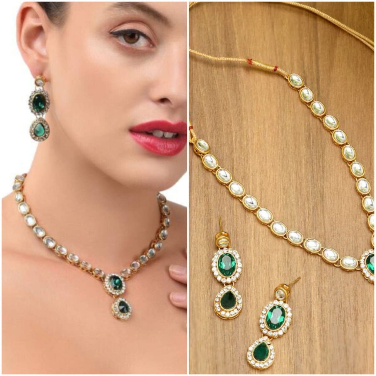 Indian Gren Gold Plated Kundan Studded Jewellery Set, Kundan Emerald Green Gemstone Choker Set, Indian Jewelry, Handmade Jewelry