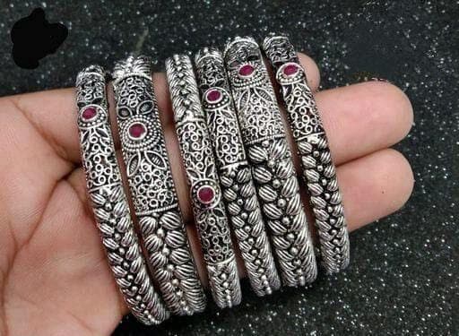 Indian Beautiful Kalamkari 6 Oxidised Silver Bangles Set, Indian Jewelry, Silver Bangles, Indian Bangles, Bracelet Set, Hand Accessories