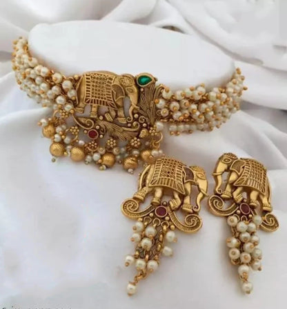 Matte Finish Elephant Look Pearls Dropping Gold Necklace Set With Earrings For Women & Girls