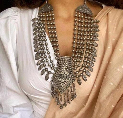 Indian Silver Oxidised Long Necklace, Gift For Her, Afghani Boho Long Jewelry, Antique Palace Ethnic Jewelry, Beautiful Oxidised Neckpiece