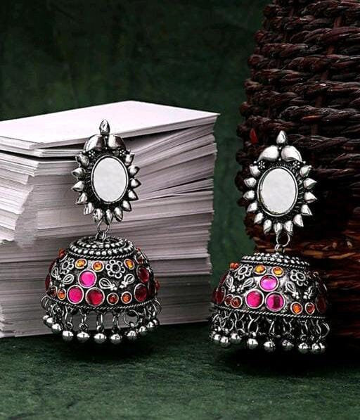 Surya Mirror Silver Earrings, Big Szie Jhumka Chandbaliyan, Gift For Her, Vintage Ghungroo Jhumka Earring, Bareli Jhumka Rajasthani Jhumka