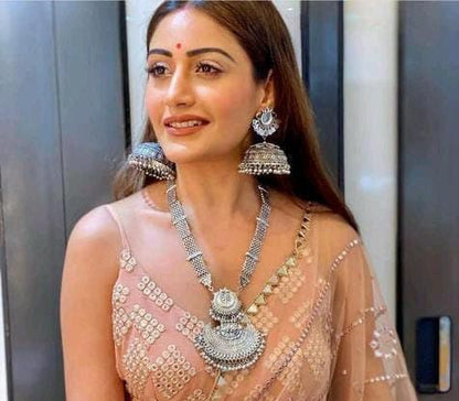 Bollywood Celebrity Style Long Oxidised Necklace With Mirror Earrings Set, Ethnic Silver Jewelry Set, Rajasthani Look Indian Jewelry