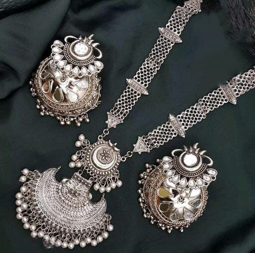 Bollywood Celebrity Style Long Oxidised Necklace With Mirror Earrings Set, Ethnic Silver Jewelry Set, Rajasthani Look Indian Jewelry