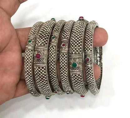 Ethnic Kalamkari 6 Oxidised Silver Bangles Set, Hand Chudiya, Indian Jewelry, Silver Bangles, Indian Bangles, Bracelet Set, Hand Accessories