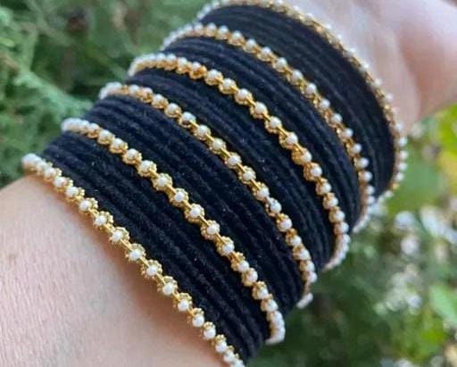 Indian Velvet Bangles With Pearls Beaded Bangle Combo, Designer Metal Moti Bangles Set, Velvet Chudiya, Hand Accessories, Moti Bangles Set