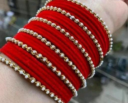 Indian Velvet Bangles With Pearls Beaded Bangle Combo, Designer Metal Moti Bangles Set, Velvet Chudiya, Hand Accessories, Moti Bangles Set