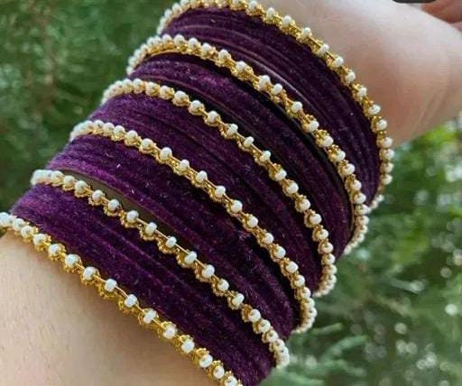 Indian Velvet Bangles With Pearls Beaded Bangle Combo, Designer Metal Moti Bangles Set, Velvet Chudiya, Hand Accessories, Moti Bangles Set