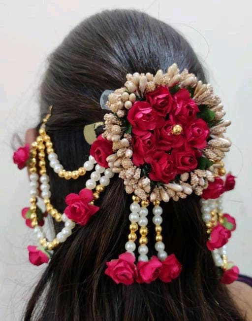 Artificial Mogra Roses Pearls Gajra Hair Juda Chain, Wedding Gajra Bun Holder, Gajra Hand band, Wedding Favors, Mogra Hand Hair Scrunchies