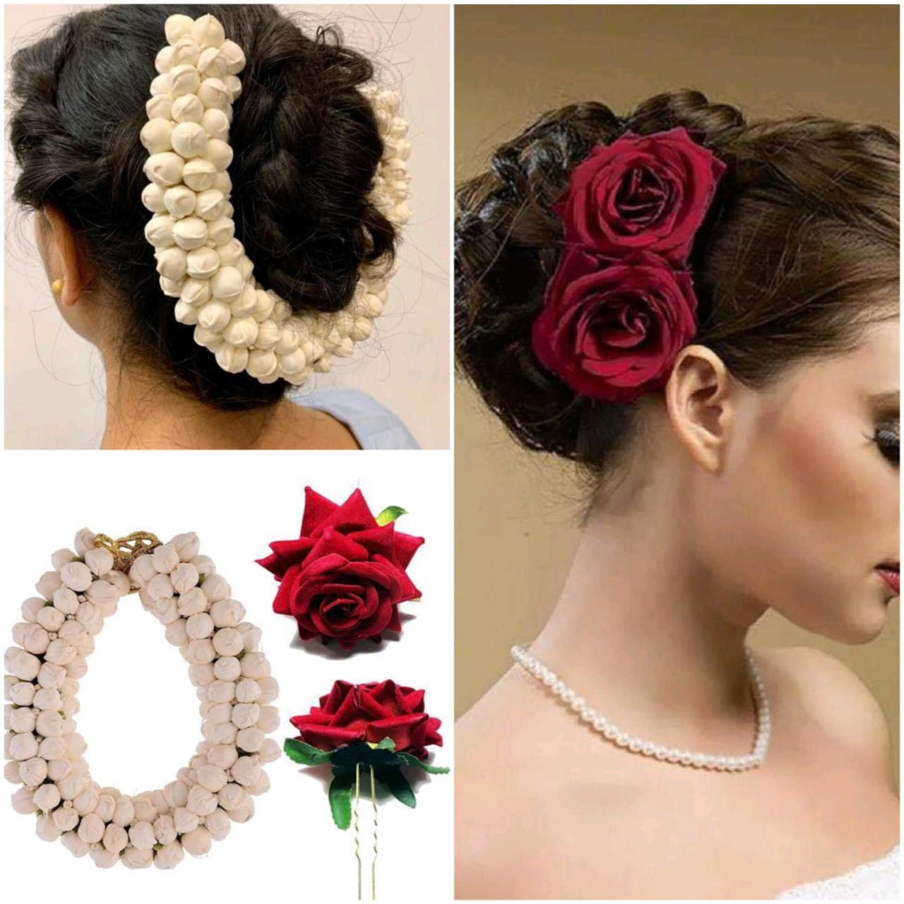 Artificial Mogra Juda Bun Gajra With Roses Hair Pin, Wedding Gajra Bun Holder, Gajra Hand band, Wedding Favors, Mogra Hand Hair Accessories