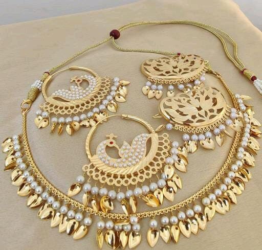 Beautiful Punjabi Jadau Gold Plated And Pearls Jewellery Set, Sangeet Jewellery, Rajputi Wedding Pearls Jewellery Set, Gold Plated Jewelry