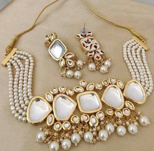 Jaipuri Polki Kundan Choker Set, Indian Jewelry, Bridal Jewellery, Wedding Jewelry Set, Kundan Pearls White Jewellery Set Partywear Necklace