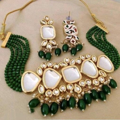 Bollywood Designer Green Kundan Pearls Jewelry Set, Indian Necklace Set With Earrings Maang Tikkas, Indian Bridal Jewelry, Handmade Jewelry