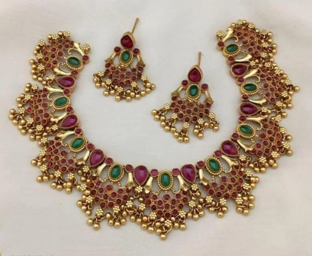 Ruby Stone Attached Statement Gold Finish South Indian Designer Necklace With Earrings For Women & Girls