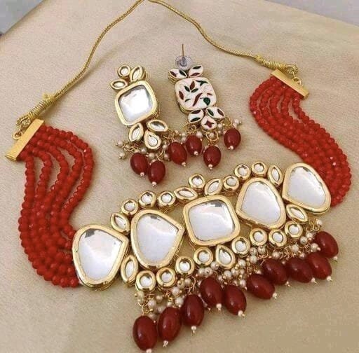 Red Bollywood Designer Kundan & Pearls Jewelry Set, Indian Necklace Set With Earrings Maang Tikkas, Indian Bridal Jewelry, Handmade Jewelry