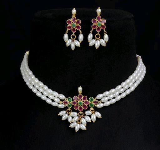 White Pearls Pink-Green Kundan Studded Choker Necklace Set With Earrings, Pearls Necklace, Indian Jewelry, Ethnic Traditional Jewelry Set