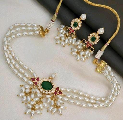 White Pearls Green Kundan Handmade Pendant Choker Necklace Set With Earrings Pearls Necklace, Indian Jewelry, Ethnic Traditional Jewelry Set